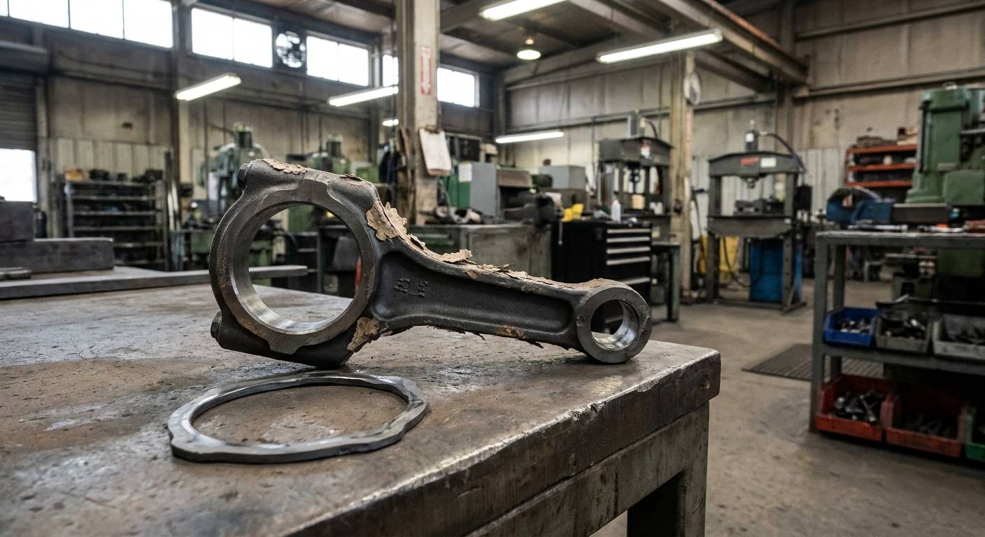 A trimmed steel forging resting beside the ring of flash that was cut from it, on the steel plate of a forge shop workbench.