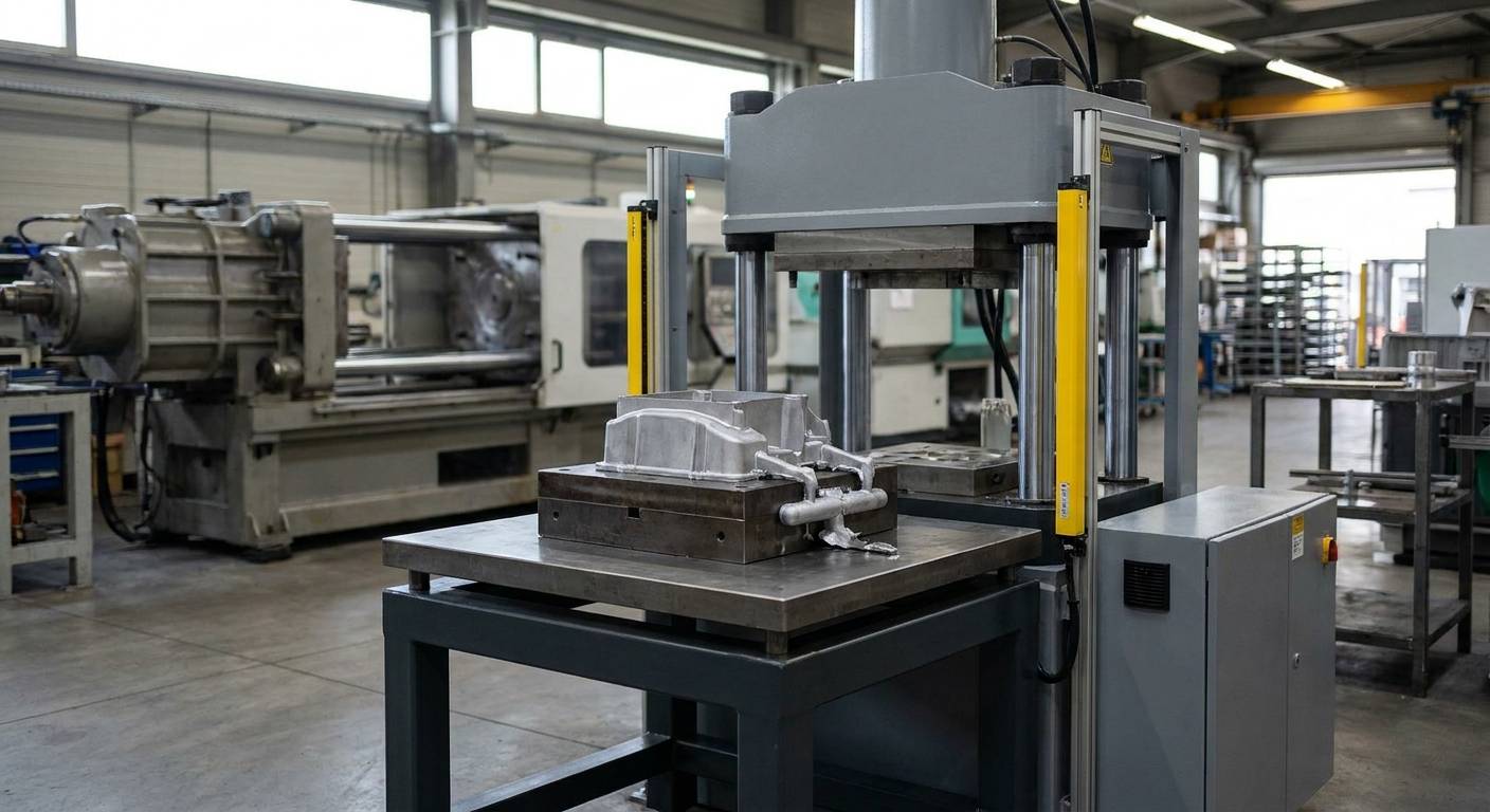 A hydraulic four-column trim press in a die casting plant, with an aluminum casting resting in the trim die on its table and light curtain columns at the front opening.