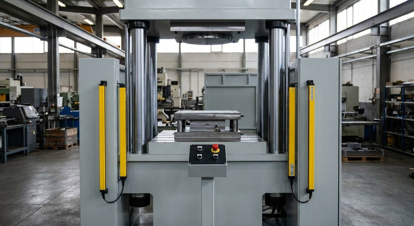 The front opening of a hydraulic trim press guarded by a pair of light curtain columns, with the trim die visible on the table behind them.