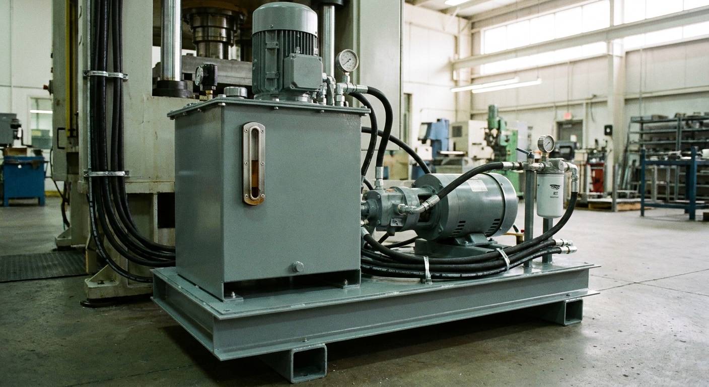 The hydraulic power unit of a trim press: an oil reservoir with a sight gauge, an electric motor and pump, a filter housing and pressure gauges, in a clean plant corner.