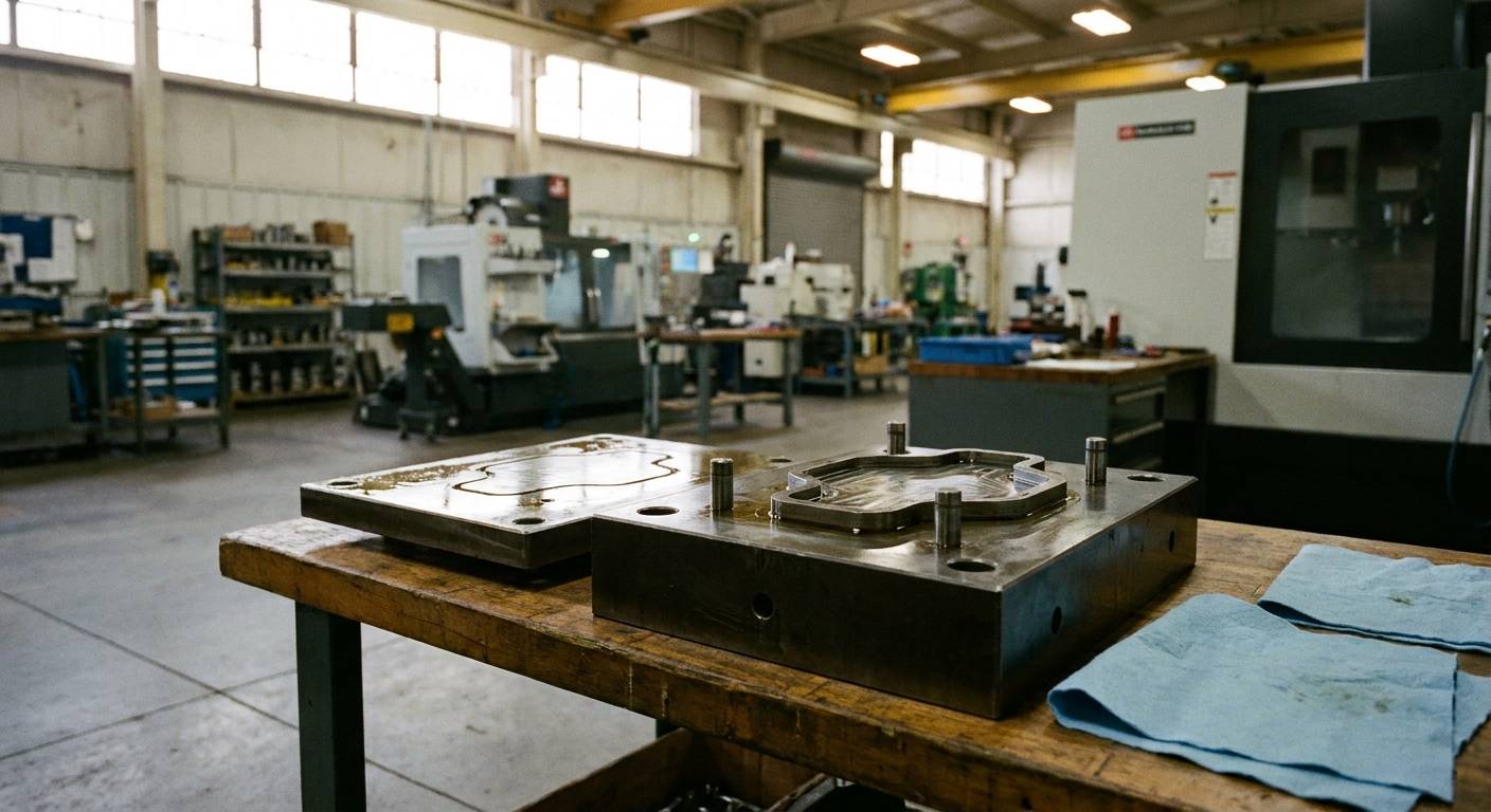 A die casting trim die on a toolroom bench: the lower steel die with a cutting edge shaped to the part outline, its locating nest, and the upper punch beside it.